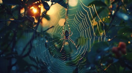 Wall Mural - a close up of a spider on a web in a tree with the sun shining through the leaves behind it.