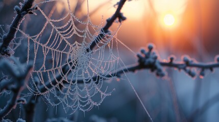Wall Mural - a close up of a spider web on a tree branch with the sun in the background and snow on the branches.