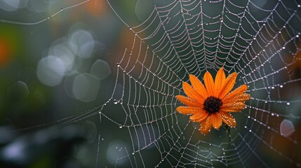 Wall Mural - a close up of a spider web with a orange flower in the center of the web, with drops of dew on the w