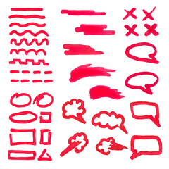 Fototapete - red marker circles, abstract doodle pattern, straight and wavy brush lines, underlines, crosses and dotted lines. Speech bubbles