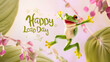 A joyful Green frog is jumping on a pastel background with the text 