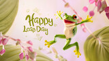 Fototapeta Sypialnia - A joyful Green frog is jumping on a pastel background with the text 
