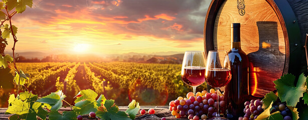 Wall Mural - Wine bottles and glasses with grapes ripe and barrel in rural scene at sunset