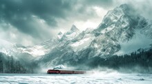 A Red Train Traveling Through A Snow Covered Forest Covered Mountain Side Under A Cloudy Sky With A Mountain Range In The Background.