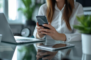 Poster - A woman sitting at a desk using a cell phone