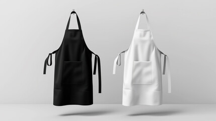 Modern a black and a white and aprons with shadow mockup isolated on on light gray background. Kitchen blank apron.with empty space for logo, text.