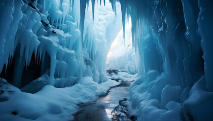 Poster - Majestic winter landscape snow covered mountains, frozen blue water, tranquil scene generated by AI