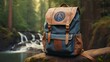 Visualize a canvas backpack, with embroidered patches of mountains and trees, leaning against a tree trunk near a rushing waterfall.