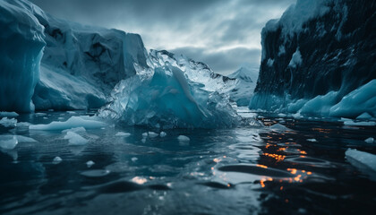 Canvas Print - Majestic mountain peak reflects in tranquil frozen water generated by AI