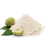 close up pile of finely dry organic fresh raw garcinia cambogia powder isolated on white background. bright colored heaps of herbal, spice or seasoning recipes clipping path. selective focus
