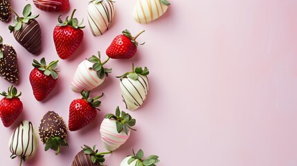 Assorted chocolate dipped strawberries array, homemade sweets great for Valentine's and Christmas gift, copy space