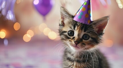 Wall Mural - Kitten with birthday hat, generative ai