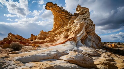 a rock formation in the desert under a cloudy sky