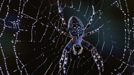 Wall Mural - a close up of a spider's web with drops of dew on the spider's web, on a dark background.