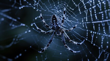 a close up of a spider's web with drops of water on the spider's web in the background.