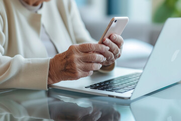 Poster - An elderly woman is using a laptop and a cell phone