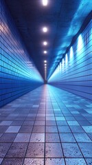 Poster - This photo showcases an underground hallway with tiled floors and blue walls, illuminated by blue lighting.