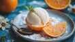 © Olga - a plate with a scoop of ice cream next to an orange slice and a spoon on a blue table cloth.
