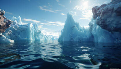 Poster - Majestic mountain reflects in frozen blue water, nature beauty generated by AI