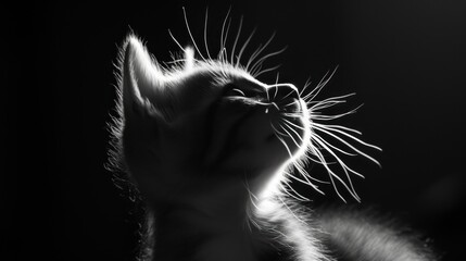 Wall Mural - a black and white photo of a cat with its head in the air and it's eyes wide open.