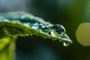 Wall Mural - a drop of water sitting on top of a green leaf