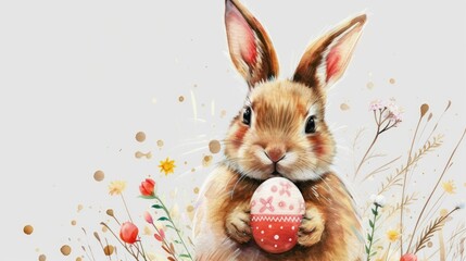 Poster - a painting of a rabbit holding a painted easter egg in a field of wildflowers with a white background.