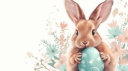 a painting of a rabbit holding a blue easter egg in front of a floral background with pink and blue flowers.