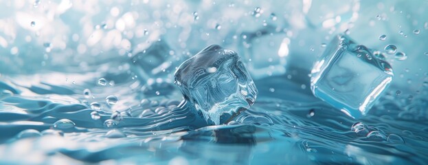 Poster - A detailed view of a glass filled with water and ice cubes on a light blue background.