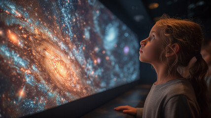 Youngsters captivated by cosmic wonders. Planetarium show, astronomical education, stargazing