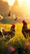 A group of chickens and a hen standing on a vibrant, green field during sunset.