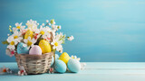 Fototapeta Miasta - Cesta de mimbre conteniendo huevos de pascua de diferentes colores y margaritas, junto a otros huevos de pascua y flores, sobre soporte de madera y fondo azul 