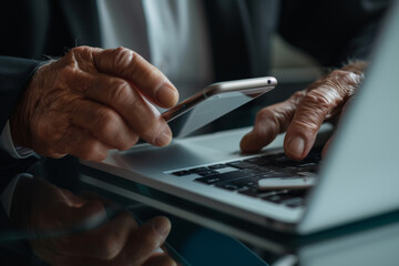 Poster - A man is typing on a laptop while holding a cell phone