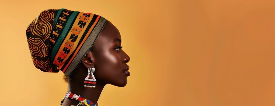 A portrait of an African woman proudly wearing a head scarf and earrings, showcasing her national costume.