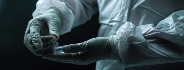 Poster - A close-up image displaying a gloved hand holding a cell phone.