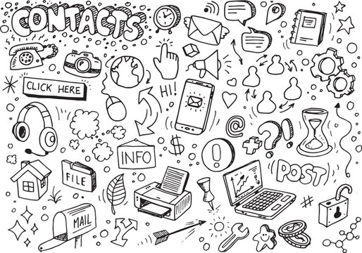 Contacts doodles vector elements set, hand drawn illustration on white paper