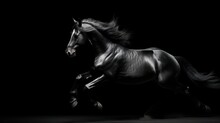 A Black And White Photo Of A Horse Galloping In The Dark With It's Hair Blowing In The Wind.