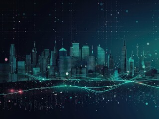 Poster - Image of a city skyline with lines and dots.