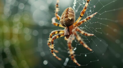 Wall Mural - a close up of a spider with drops of water on it's back and a blurry background behind it.