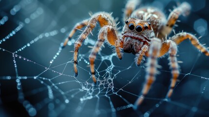 Wall Mural - a close up of a spider on a web with drops of water on it's back and a blurry background.