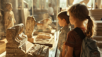 children carefully examine exhibits in a historical museum, a child looks at an ancient statue, kids