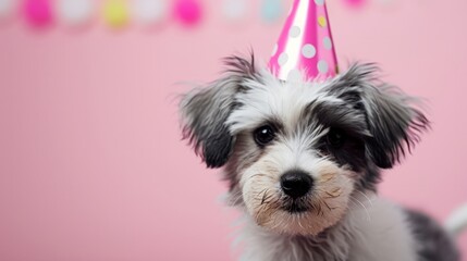 Wall Mural - Puppy with birthday hat, pink background, generative ai