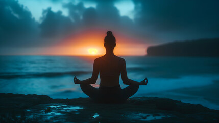 Wall Mural - Silhouette of a woman meditating on the beach at sunset, sitting cross-legged in a yoga pose on a rock by the water