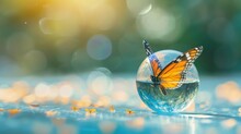 A Butterfly Sitting On Top Of A Glass Vase Filled With Water And Floating On Top Of A Blue Surface With Yellow Flowers.