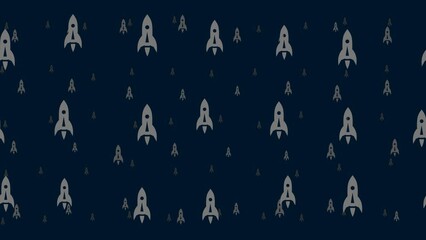 Poster - Rockets float horizontally from left to right. Parallax fly effect. Floating symbols are located randomly. Seamless looped 4k animation on dark blue background