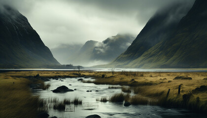 Canvas Print - Majestic mountain peak reflects in tranquil water, serene and remote generated by AI