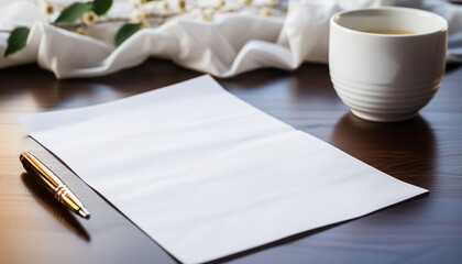 Wall Mural - Blank paper on wooden table with pen and coffee cup generated by AI