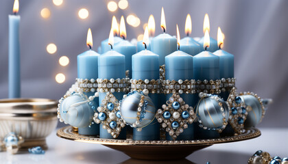 Canvas Print - Blue candle burning, illuminating winter table with elegance and love generated by AI