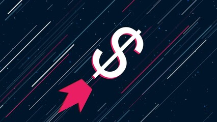 Poster - Dollar symbol flies through the universe on a jet propulsion. The symbol in the center is shaking due to high speed. Seamless looped 4k animation on dark blue background with stars