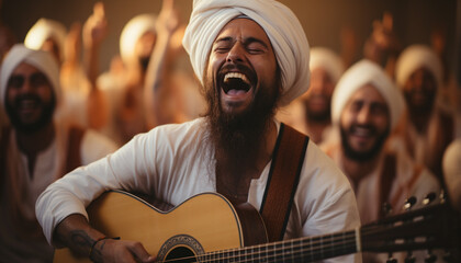 Poster - Young adult musician playing guitar, singing, and smiling with happiness generated by AI