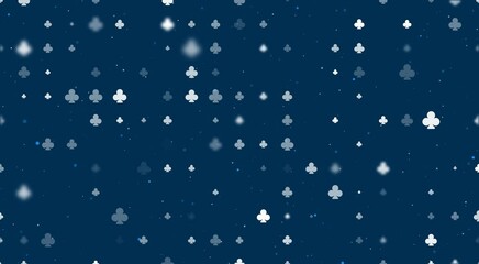 Poster - Template animation of evenly spaced clubs of different sizes and opacity. Animation of transparency and size. Seamless looped 4k animation on dark blue background with stars